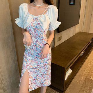 Puff-sleeve Bow-front Floral Print Sheath Dress