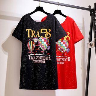 Short Sleeve Scoop Neck Printed Sequined T-shirt Dress