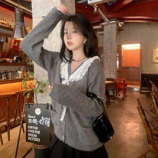 Long-sleeve Lace-trim Cardigan Gray - One Size