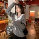 Long-sleeve Lace-trim Cardigan Gray - One Size