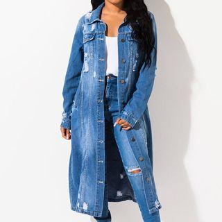 Long Distressed Denim Shirt Jacket