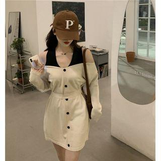 Mock Two-piece Cold-shoulder Mini A-line Dress Almond - One Size