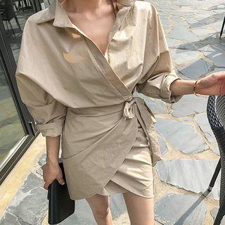 Coated Cotton Surplice-wrap Mini Shirtdress