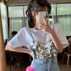 Short-sleeve Mock Two-piece Sequin T-shirt