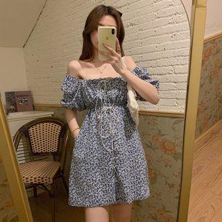 Short-sleeve Floral Print Mini Dress Floral - Blue - One Size