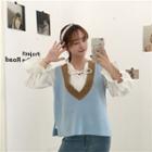 V-neck Lantern-sleeve Blouse / V-neck Color Block Knit Vest