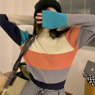 Long-sleeve High-neck Color-block Knit Sweater / High-waist Plain Pants