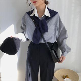 Set: Striped Loose-fit Long-sleeve Shirt + Shawl