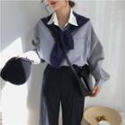 Set: Striped Loose-fit Long-sleeve Shirt + Shawl