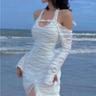 Plain Off-shoulder Long Sleeve Side-slit Sheath Dress