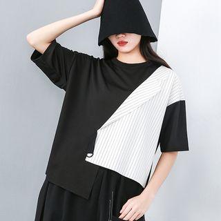 Short-sleeve Striped Panel T-shirt Black - One Size