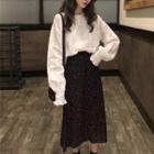 Long-sleeve Lace Blouse / Dotted Midi A-line Skirt