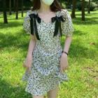 V-neck Bow-accent Floral Print Dress