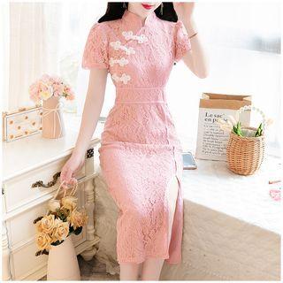 Short-sleeve Lace Midi A-line Qipao Dress