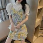 Balloon-sleeve Blouse / Floral Print Pinafore Dress