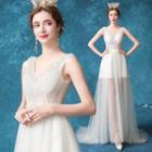 Sleeveless Rhinestone Mesh A-line Wedding Gown