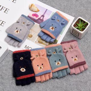 Bear Embroidered Fingerless Knit Gloves