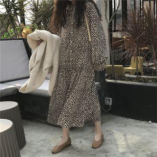 Leopard Long-sleeve Midi A-line Dress Leopard - One Size