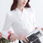 Plain Bow Long-sleeve Chiffon Blouse