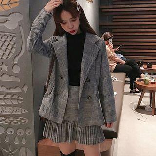 Set: Double Breasted Plaid Blazer + Pleated A-line Skirt