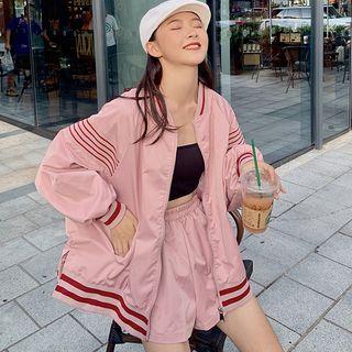 Set: Striped Panel Zip Jacket + Shorts As Shown In Figure - One Size