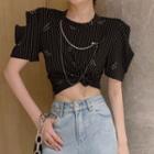 Puff-sleeve Chain-accent Lettering Stripe Crop Top