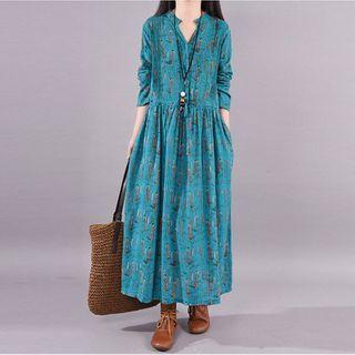 Printed Long-sleeve Drawstring-waist Midi A-line Dress
