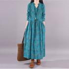 Printed Long-sleeve Drawstring-waist Midi A-line Dress