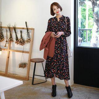 Open-placket Floral Long Dress Black - One Size