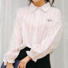Long-sleeve Ruffled Striped Shirt White - One Size