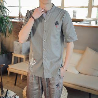 Elbow-sleeve Chinese Character Buttoned Top