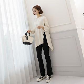 Asymmetric-hem Deep-slit Long T-shirt