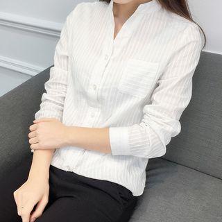 Stand Collar V-neck Long-sleeve Shirt