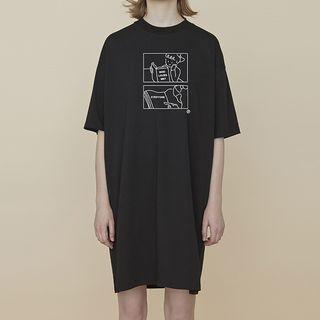 Elbow-sleeve Print Mini T-shirt Dress