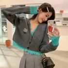 Frayed V-neck Two-tone Cardigan Gray & Green - One Size