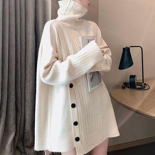 High-neck Striped Single-breasted Knit Top
