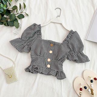 Cropped Checked Short-sleeve Blouse