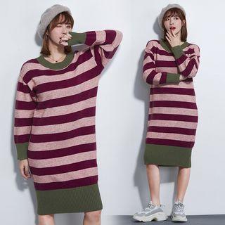 Long-sleeve Striped Knit Dress As Shown In Figure - One Size