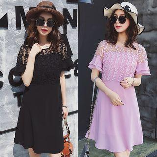Lace Panel Short Sleeve A-line Dress