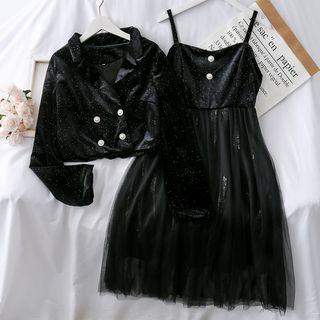 Set: Double-breasted Crop Jacket + Sequined Sleeveless Dress