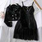 Set: Double-breasted Crop Jacket + Sequined Sleeveless Dress