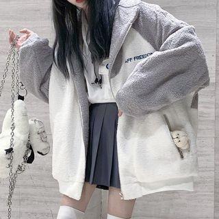 Raglan Sleeve Embroidered Fleece Zip-up Jacket
