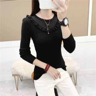 Ruffle Trim Mesh Panel Knit Top