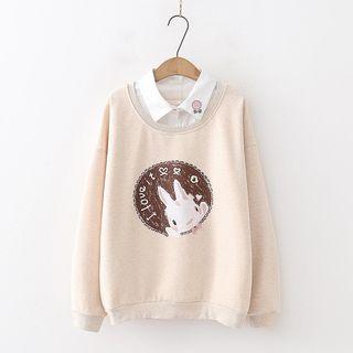 Mock Two-piece Rabbit Print Fleece-lined Sweatshirt
