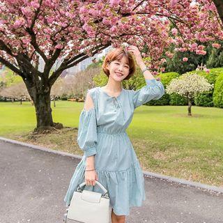 Cutout-shoulder Stripe Tiered Dress