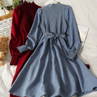 Patchwork Knit-panel Mock-neck Midi Dress With Sash