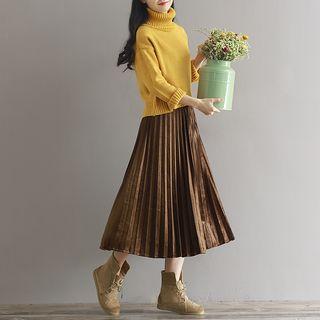Plain Velvet Midi Pleated Skirt
