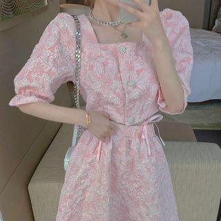 Square Neck Short-sleeve Blouse + A-line Skirt