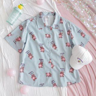 Short-sleeve Bear Print Shirt As Shown In Figure - One Size