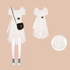 Ruffle Trim Puff-sleeve A-line Dress White - One Size